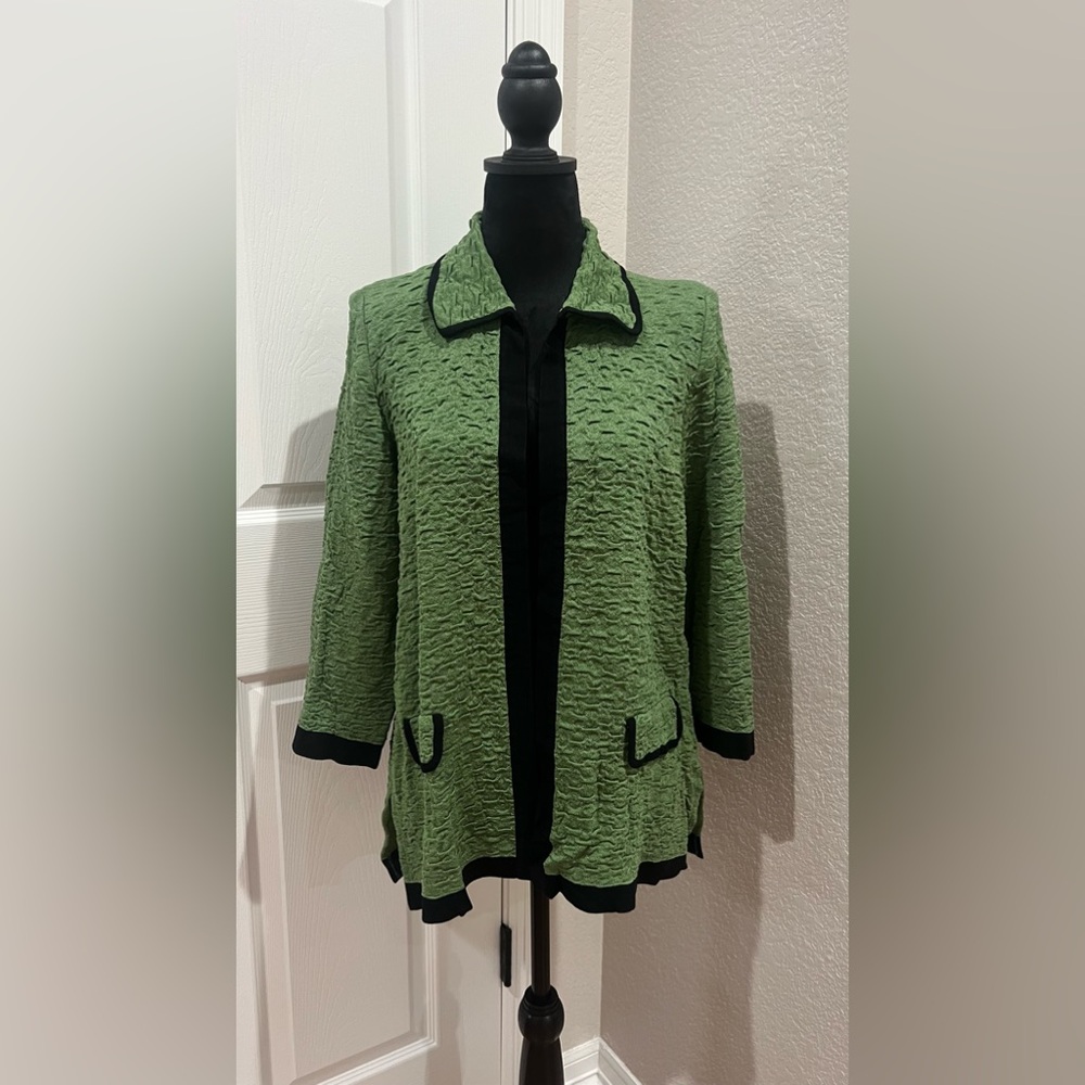 Exclusively Misook Green Black Open Front Jacket Cardigan Textured Collared L